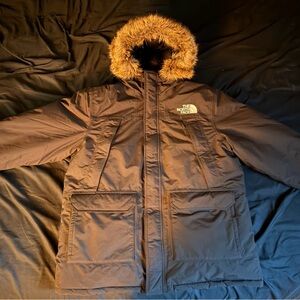 The North Face Men's Dark Brown Puffer Jacket with Fur Hood